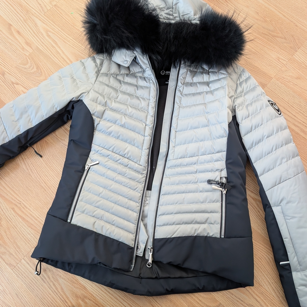 Light Gray & Black Insulated Ski Jacket with Faux Fur Hood